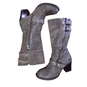 Born Treddy Grey Leather Moto Style Mid Calf Flannel Lined Heeled Boots Size 10